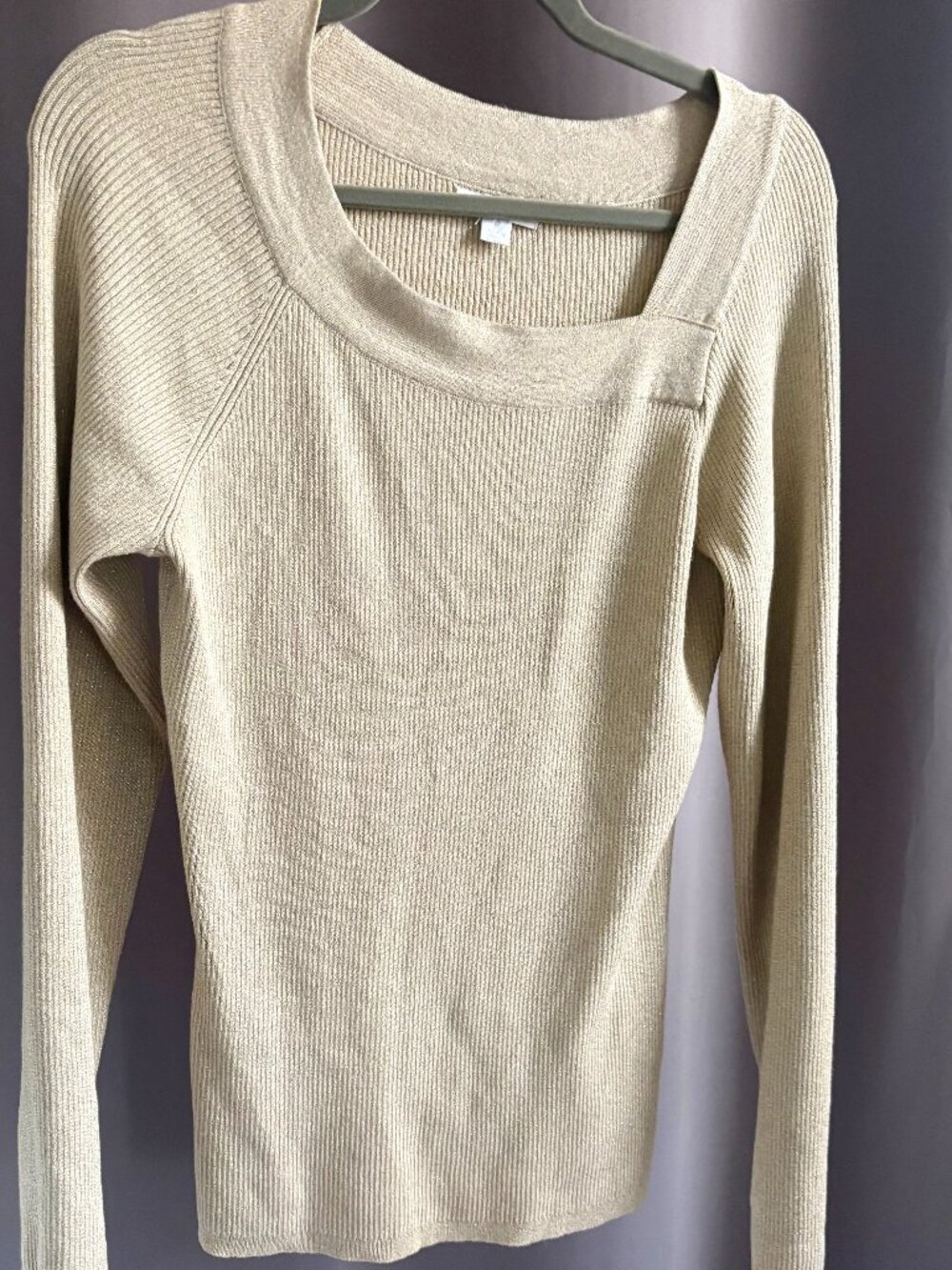 New York & Company Gold Metallic Shimmer Ribbed Sweater Medium Asymmetric Neck M